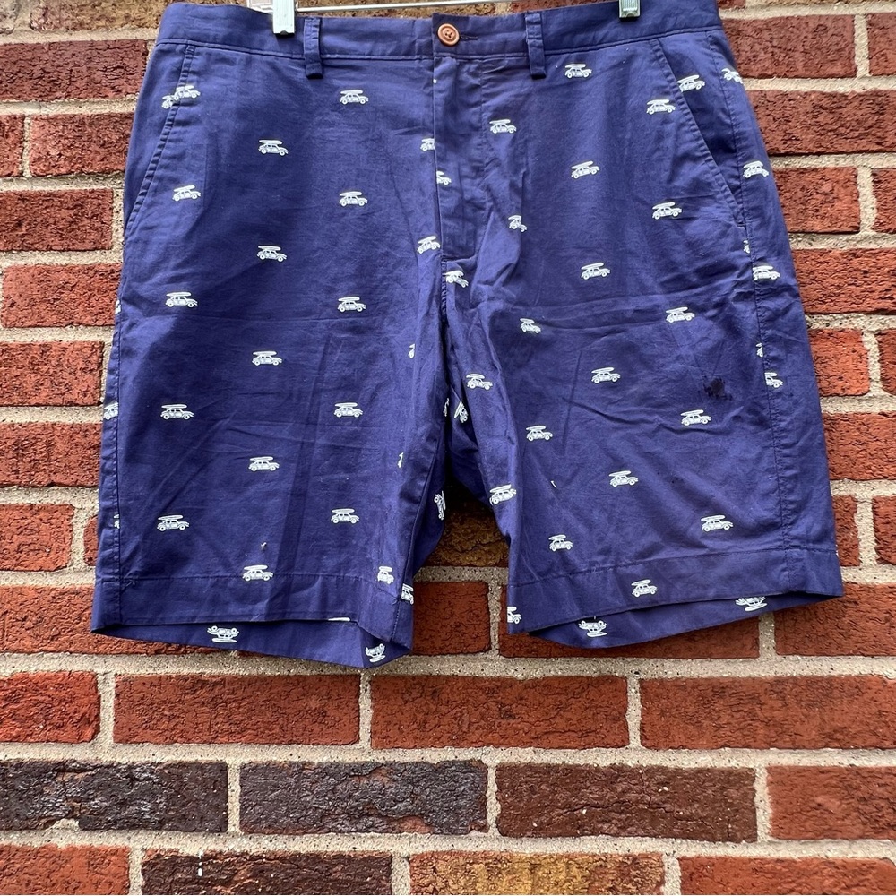 J. Crew Gramercy Men's Navy Surf Car Print Chino Shorts Slit Pockets Size 35
